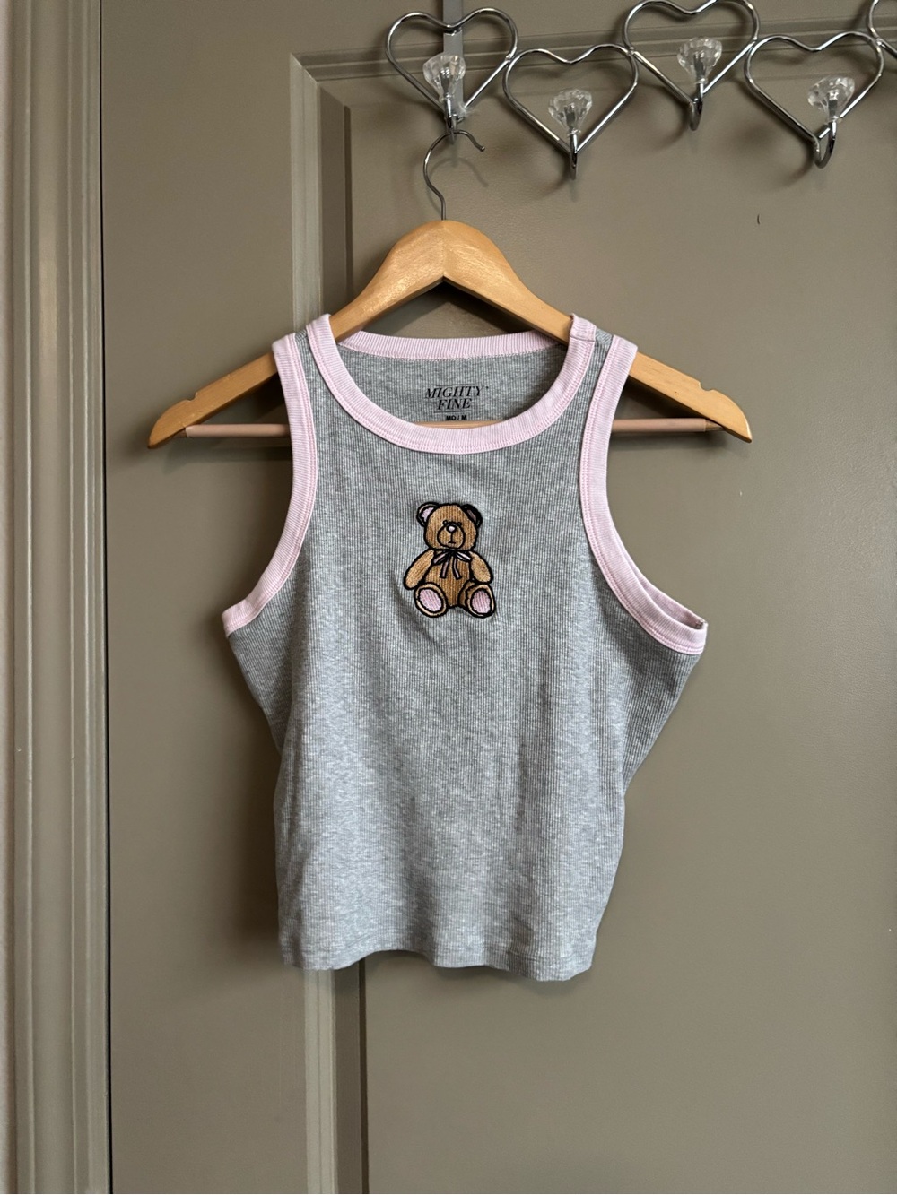 Mighty Fine Gray Tank with Light Pink Neck Trim and Teddy Patch